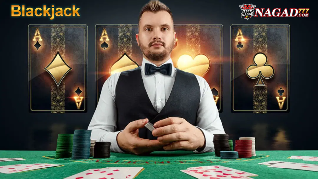 A man wearing a bow tie sitting at a poker table, engaged in a game of blackjack. The setting appears to be indoors at a casino with various cards and chips on the table.